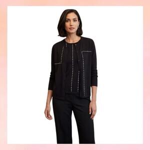 Talbots Petites Black Knit Twin Set Cardigan & Shell White Pick Stitch Detail S